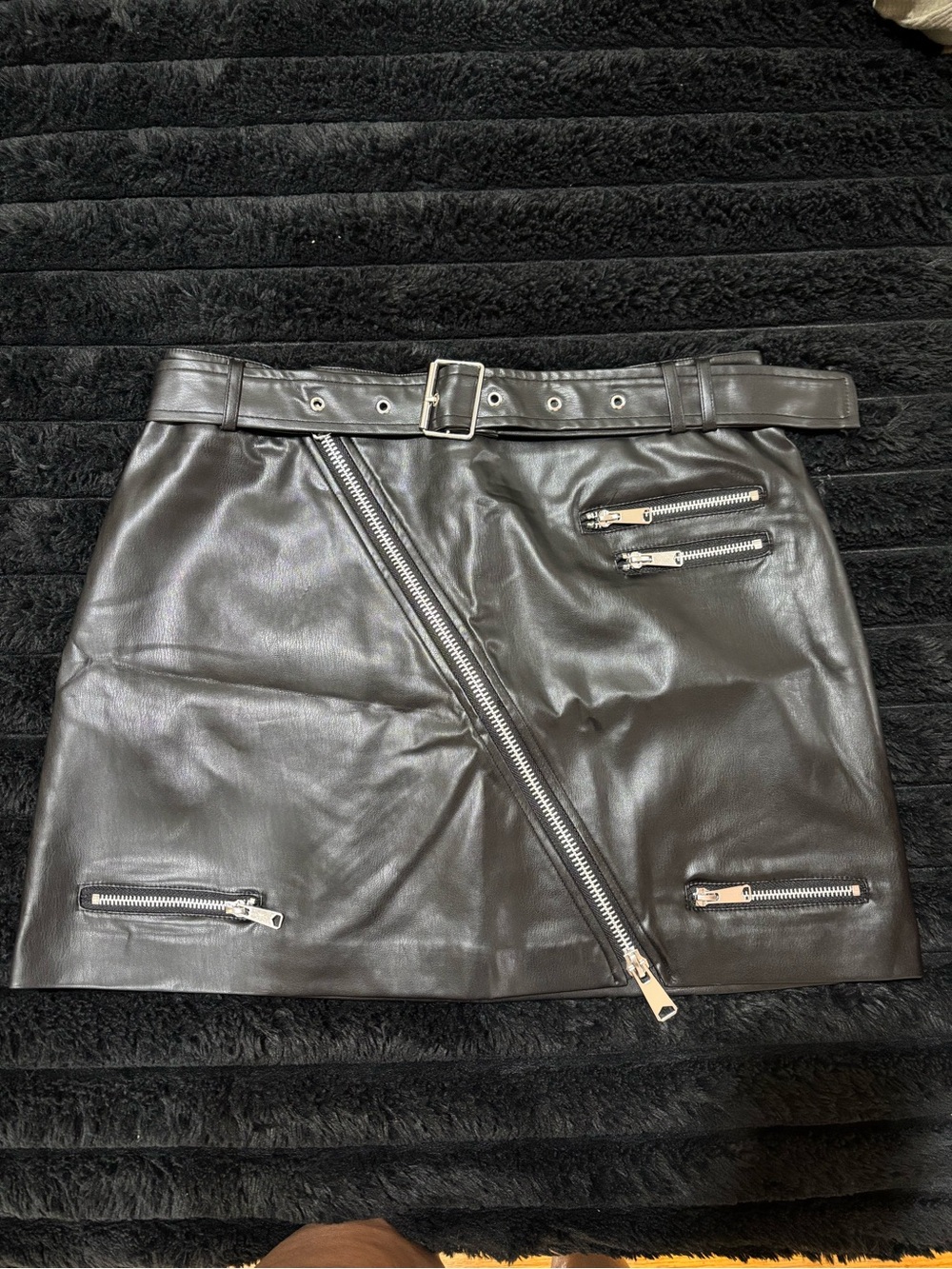 Zara Black Faux Leather Mini Skirt with Diagonal Zip and Belt